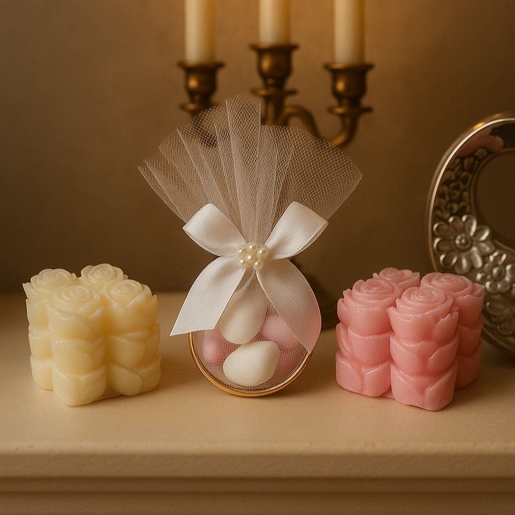 Μπομπονιέρα Γάμου με Τούλι, Λευκή Σατέν Κορδέλα & Καρδιές-Κουφέτα