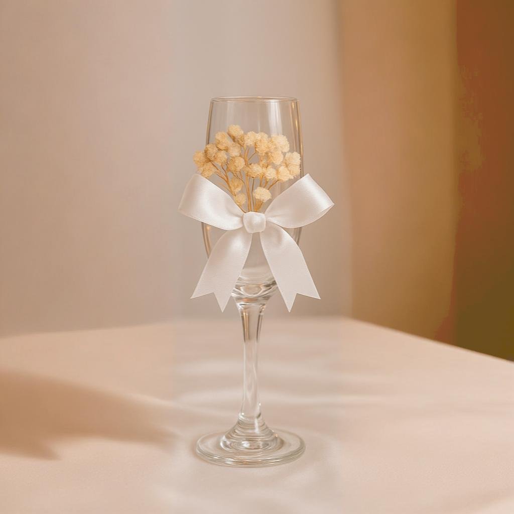 Ποτήρι με λουλούδια και λευκή κορδέλα