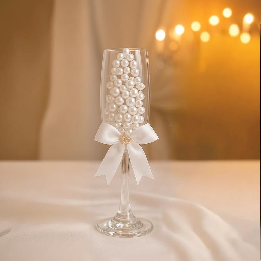 Ποτήρι γεμάτο πέρλες και λευκή κορδέλα